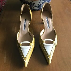 Manolo Blahnik vintage yellow and white mules